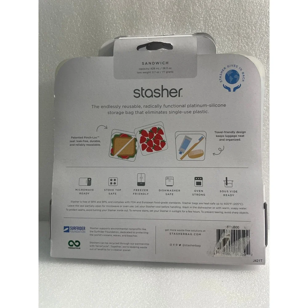 NEW Stasher Reusable Platinum Silicone Sandwich Storage Bag Clear Set of 2